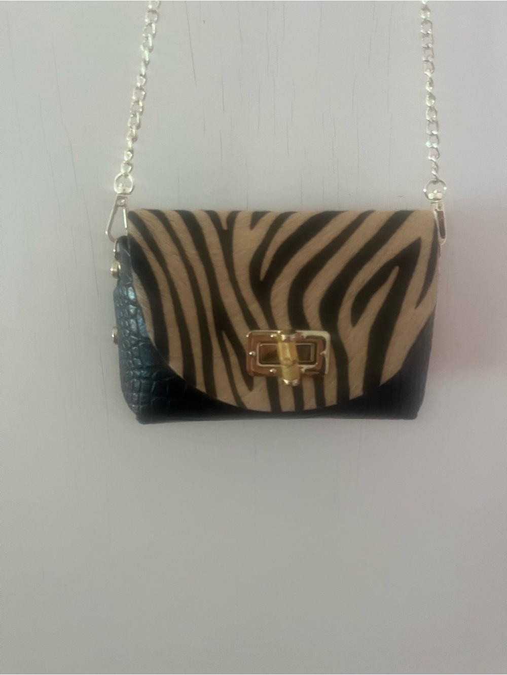 Zebra Print Chain Vera Bella Crossbody Bag in Black and Cream